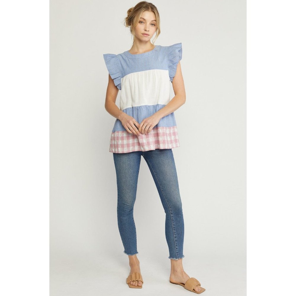 entro Mixed Print Tiered Top, Blue - Picture 3 of 7